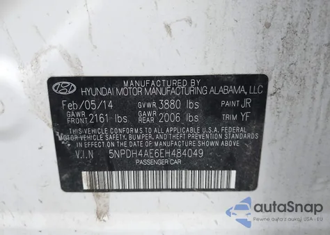 2014 Hyundai Elantra Se z USA, uszkodzony, nr VIN 5NPDH4AE6EH484049
